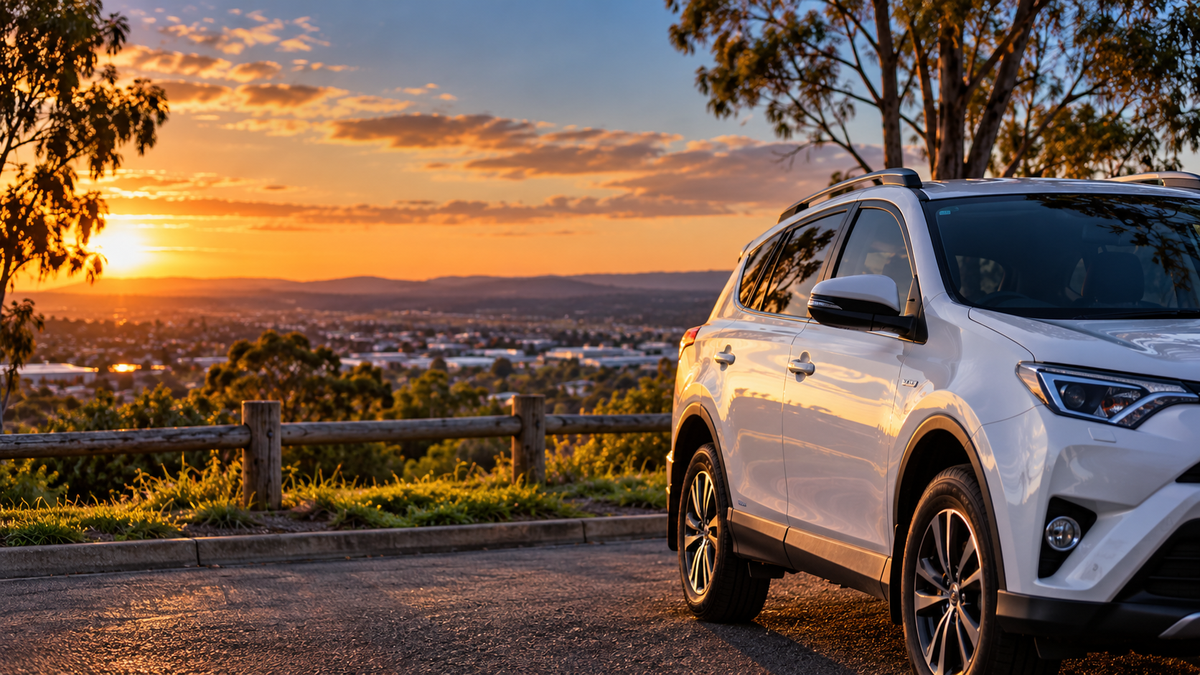 White SUV parked at a scenic lookout overlooking Toowoomba and the Darling Downs.
