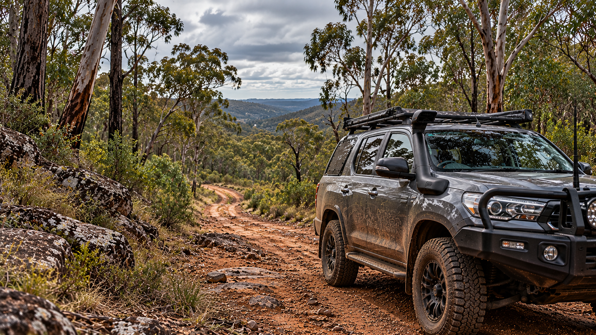 Modified grey 4WD on a rocky Australian bush track surrounded by eucalyptus trees in the Darling Downs.