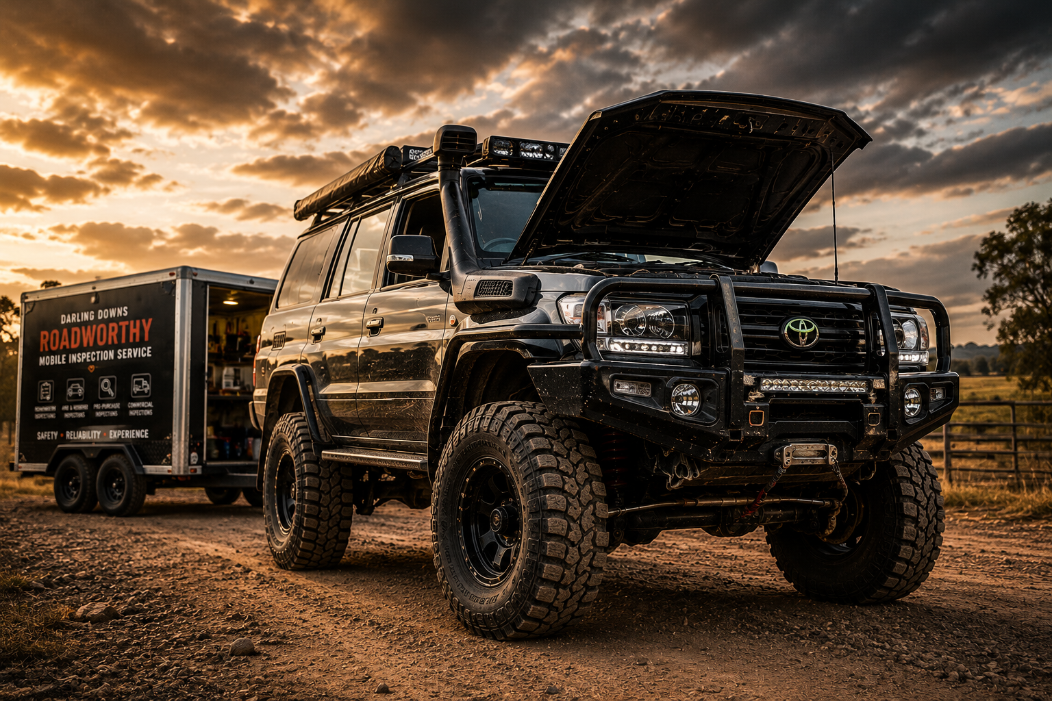 Lifted 4WD parked beside Darling Downs Roadworthy mobile inspection trailer during a roadside vehicle inspection at sunset.
