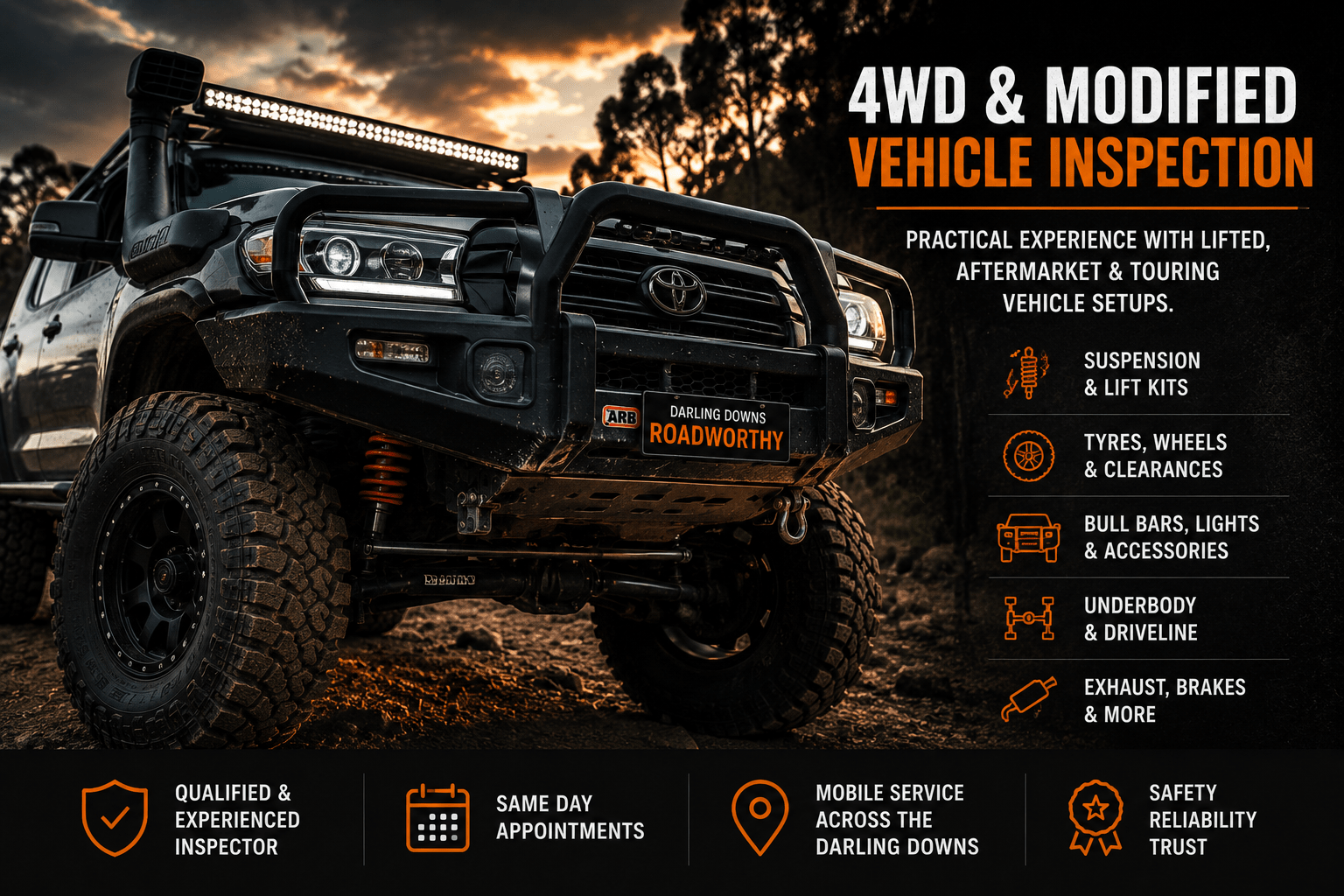 Lifted 4WD vehicle inspection for modified touring vehicles in Toowoomba and the Darling Downs.