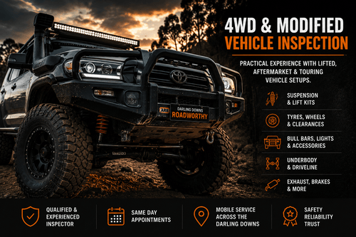Lifted 4WD vehicle inspection for modified touring vehicles in Toowoomba and the Darling Downs.