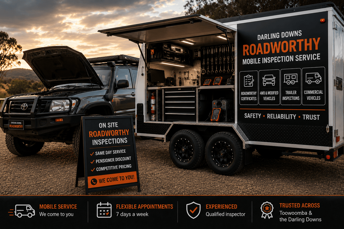 Mobile roadworthy inspection trailer providing on-site vehicle inspections across Toowoomba and the Darling Downs.