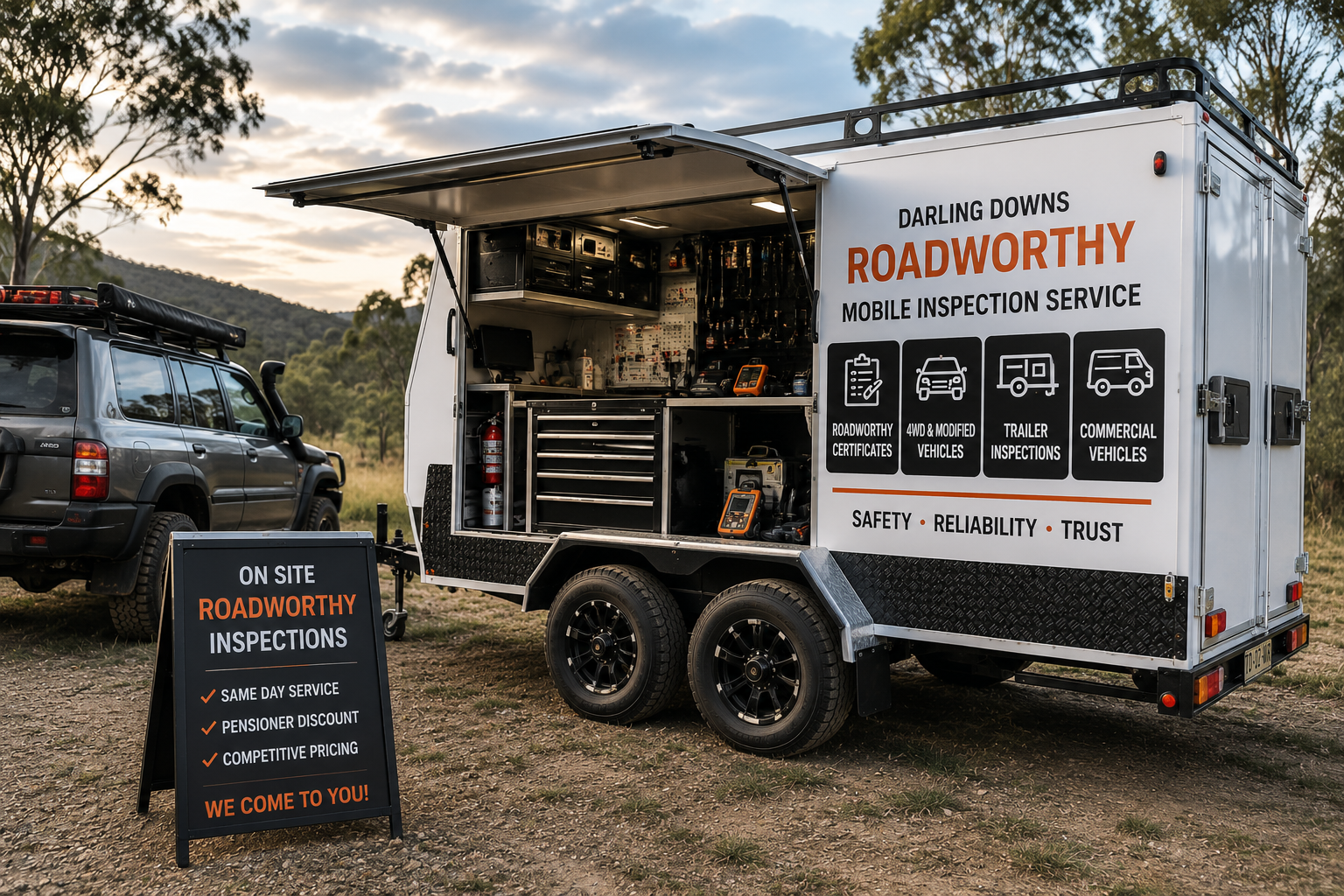 Darling Downs Roadworthy mobile inspection trailer setup for roadworthy certificates and vehicle inspections in Toowoomba and the Darling Downs.