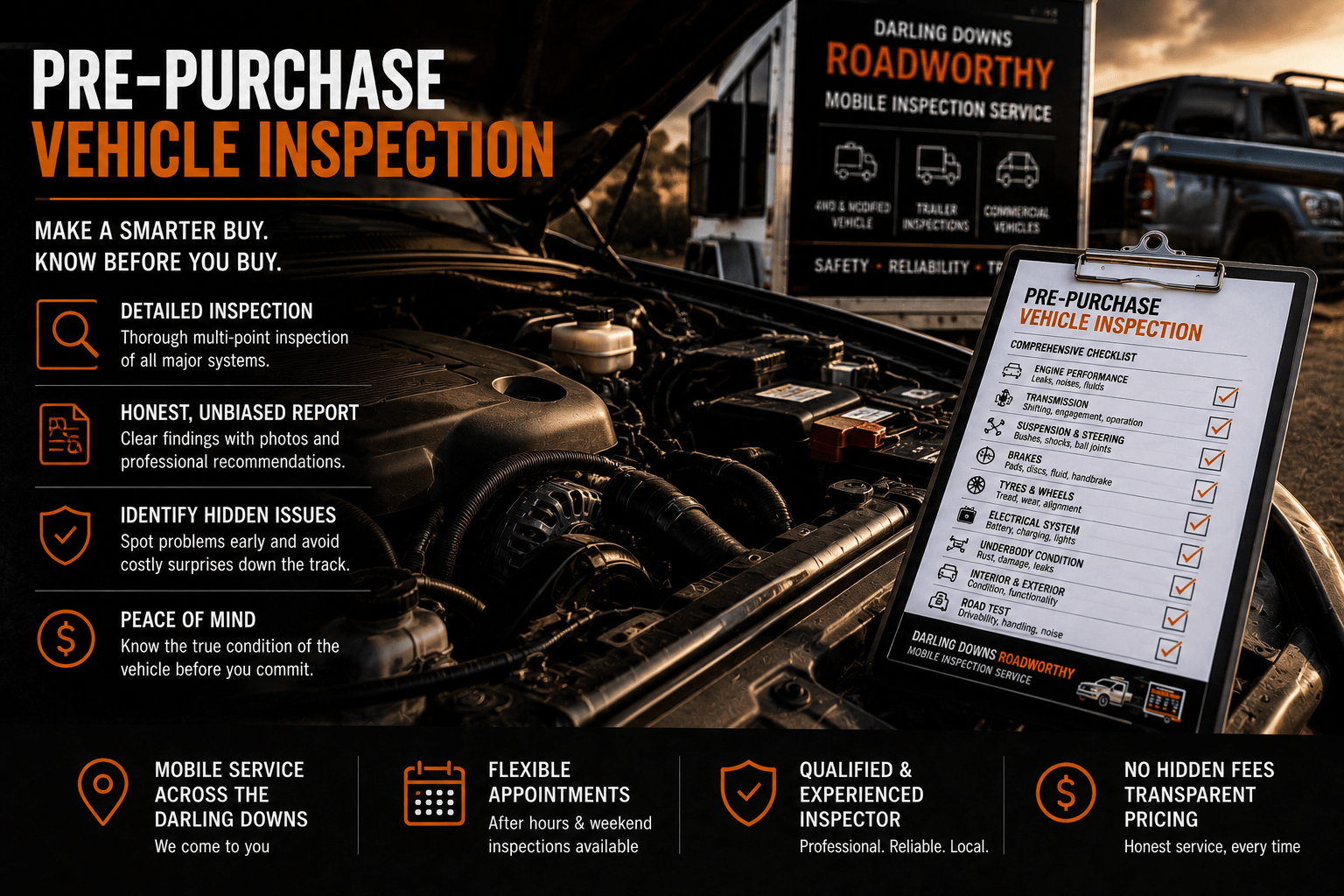Pre-purchase vehicle inspection with engine bay inspection checklist for buyers in Toowoomba and the Darling Downs.